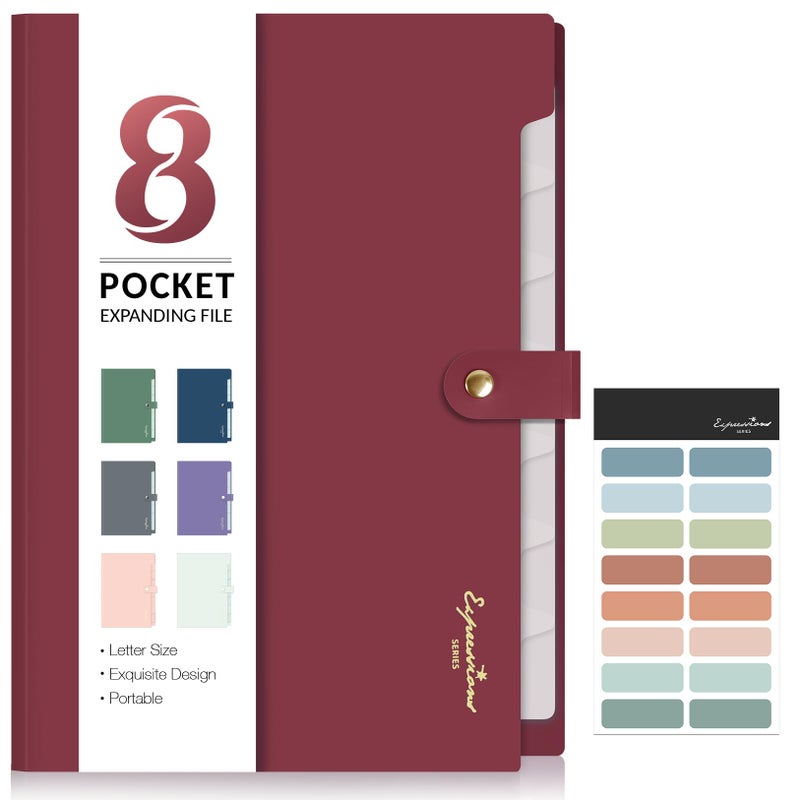 Sooez Elegant Accordion File Organizer with Labels, 8 Pocket Expanding File Folder, Portable Folders for Documents, Cute Paper Organizer for School Office Supplies, Letter Size, Burgundy - Image 1