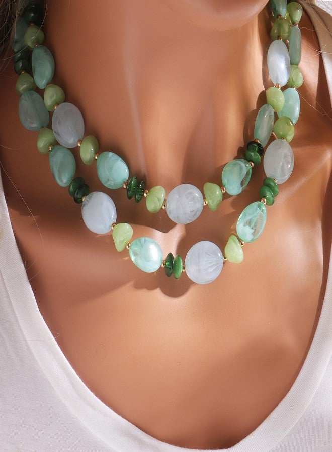 Concise Royal Green Irregular Bead Necklace for Women Two Layer Acrylic Statement Necklace 16+18 Inch with Extender Chain, Gift for Mom Wife Grandmother - Image 3