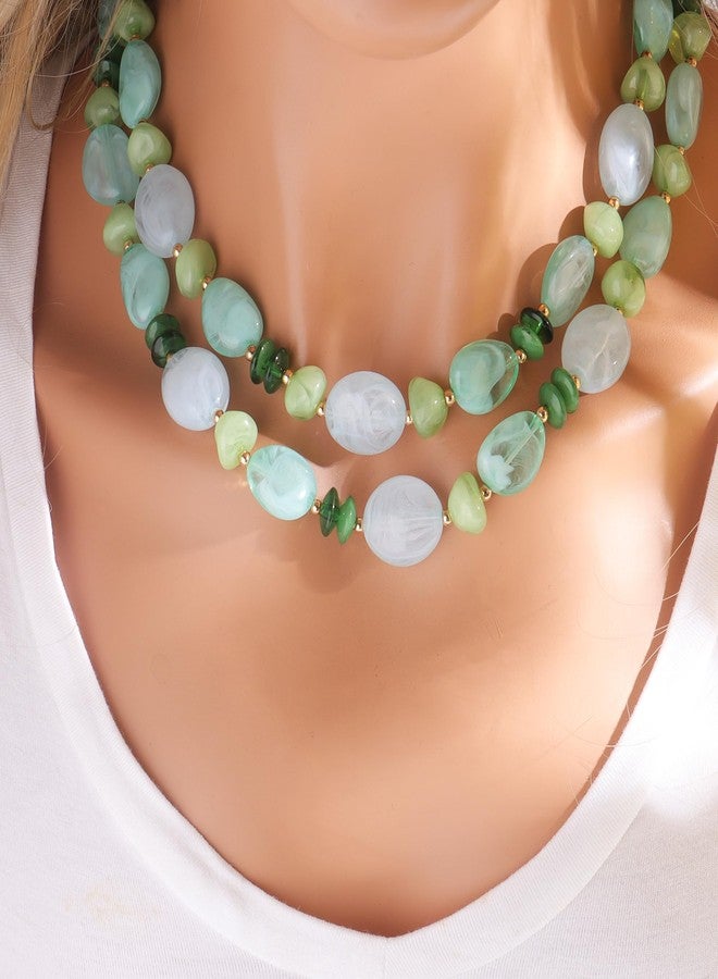 Concise Royal Green Irregular Bead Necklace for Women Two Layer Acrylic Statement Necklace 16+18 Inch with Extender Chain, Gift for Mom Wife Grandmother - Image 2
