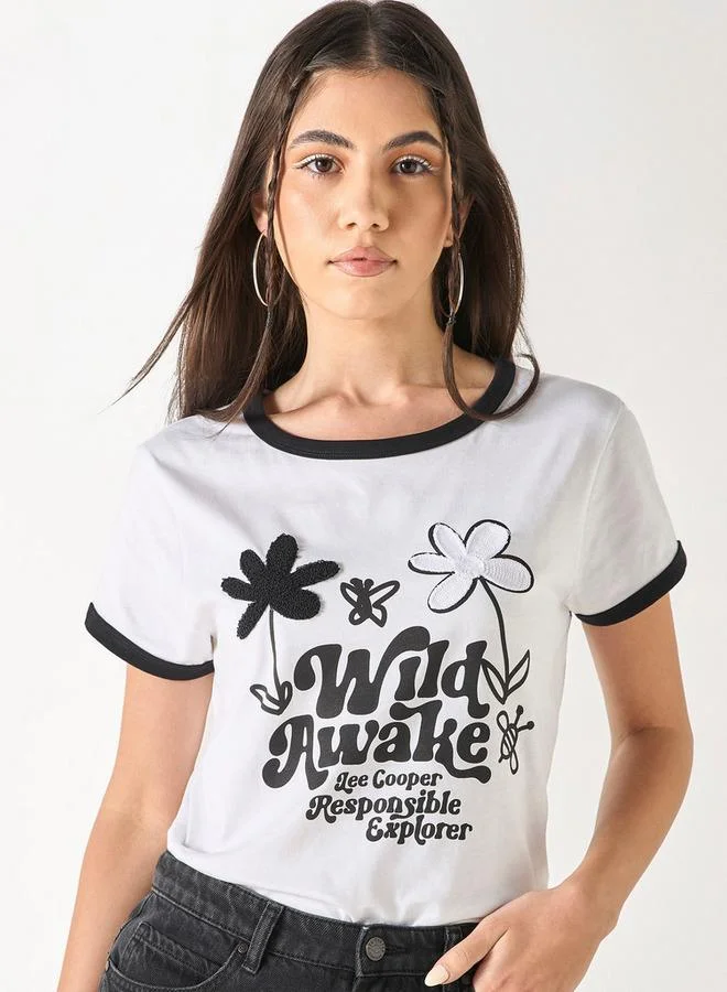 Lee Cooper Embroidered Round Neck Cotton T-shirt with Short Sleeves