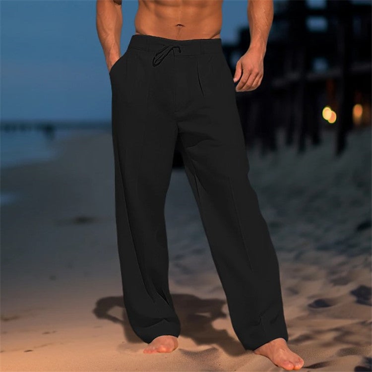 2025 Men's Linen Trousers Summer Beach Pants Front Bag Solid Color Breathable Casual Daily Vacation Basic