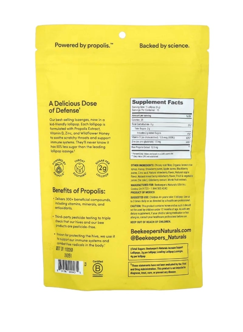 Beekeeper's Naturals Kids Propolis Throat Soothing Lollipops Green Apple Strawberry + Mixed Berry with Elderberry 15 Lollipops - Image 2