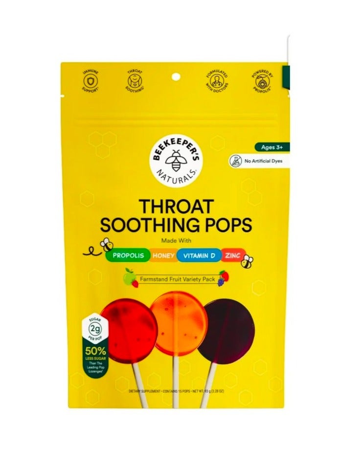 Beekeeper's Naturals Kids Propolis Throat Soothing Lollipops Green Apple Strawberry + Mixed Berry with Elderberry 15 Lollipops - Image 1
