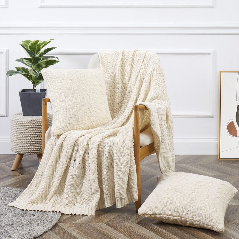 Aormenzy Knitted Throw Blanket 50 x 60 and 2 Pillow Covers 18 x 18 3 Piece Cream Throw Blanket Set Decorative Throw Blankets for Couch Sofa Bed Living Room