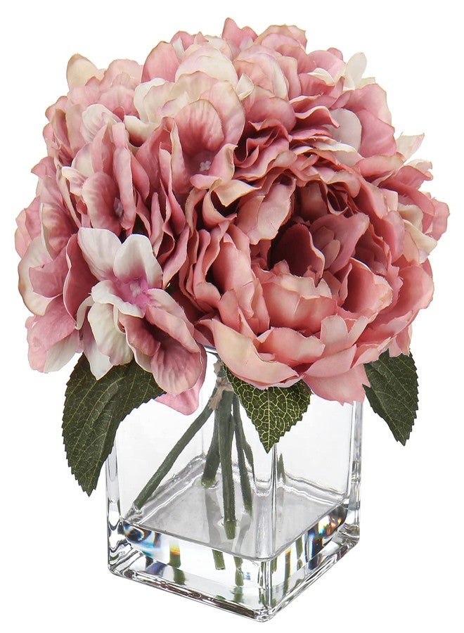DILATATA Pink Fake Flowers with Vase Hydrangea Artificial Flowers in Vase Peony Faux Flowers in Vase Rose Silk Flowers Peonies Floral Arrangements Artificial with Vase for Home Office Table Shelf Decoration - Image 1