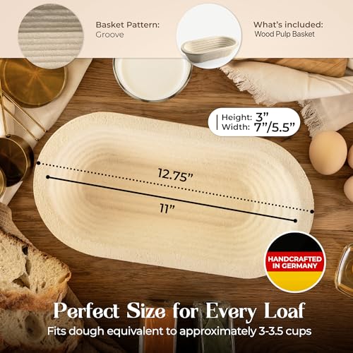 ABIOTO Wood Pulp Banneton Bread Proofing Basket 13 Oval 15LB Brotform Grooved Pattern NonStick Natural Wood Pulp Pressed for Durability Made in Germany Proofing Basket for Sourdough Bread Baking - Image 3