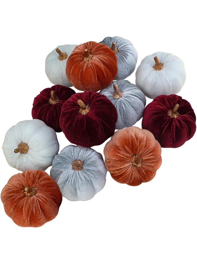 Winlyn 12 Pcs Assorted Small Faux Rustic Velvet Pumpkins Decorative Fabric Foam Pumpkins in Burgundy Bronze Gray White 3" for Fall Wedding Halloween Thanksgiving Table Centerpiece Décor - Image 1
