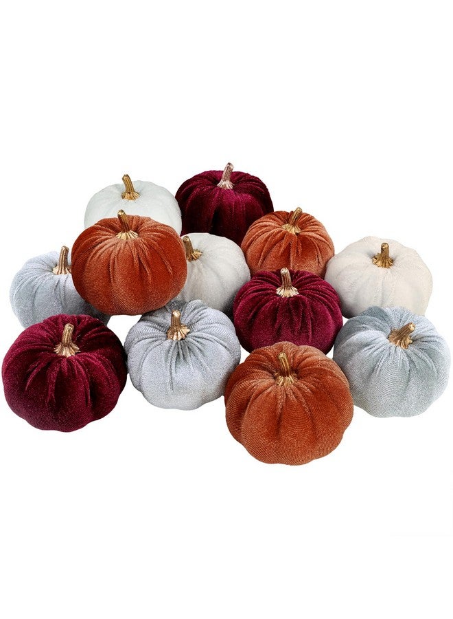 Winlyn 12 Pcs Assorted Small Faux Rustic Velvet Pumpkins Decorative Fabric Foam Pumpkins in Burgundy Bronze Gray White 3" for Fall Wedding Halloween Thanksgiving Table Centerpiece Décor - Image 2