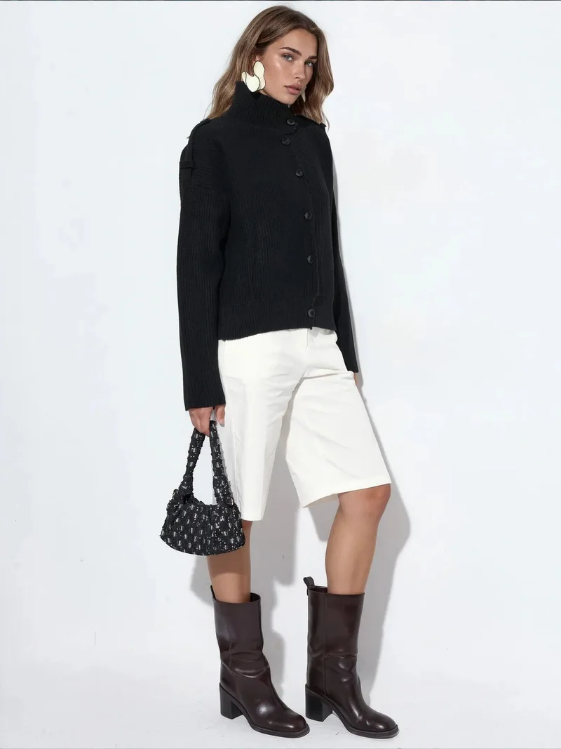 فيورنا VIORNA Ribbed Half-Turtleneck Button Cardigan