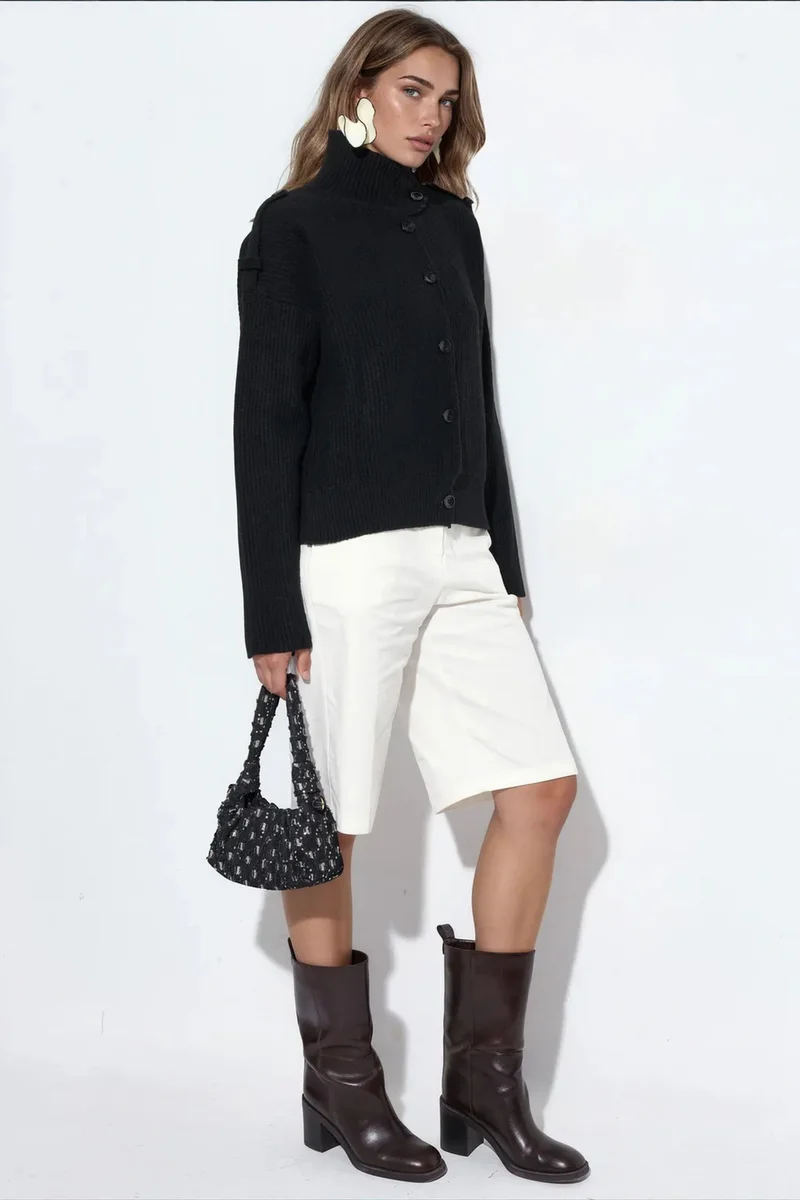Viorna VIORNA Ribbed Half-Turtleneck Button Cardigan