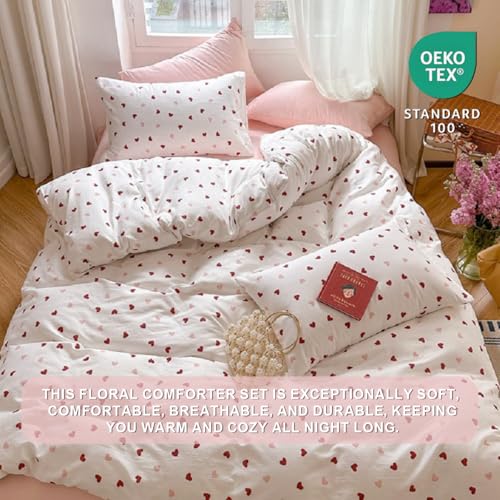Erwinmu Girls Comforter Set Queen Size - 3 Pieces Red Pink Heart Comforter Bedding Sets for Kids,Queen Bed in a Bag with Heart Comforter and 2 Pillowcases - Image 5