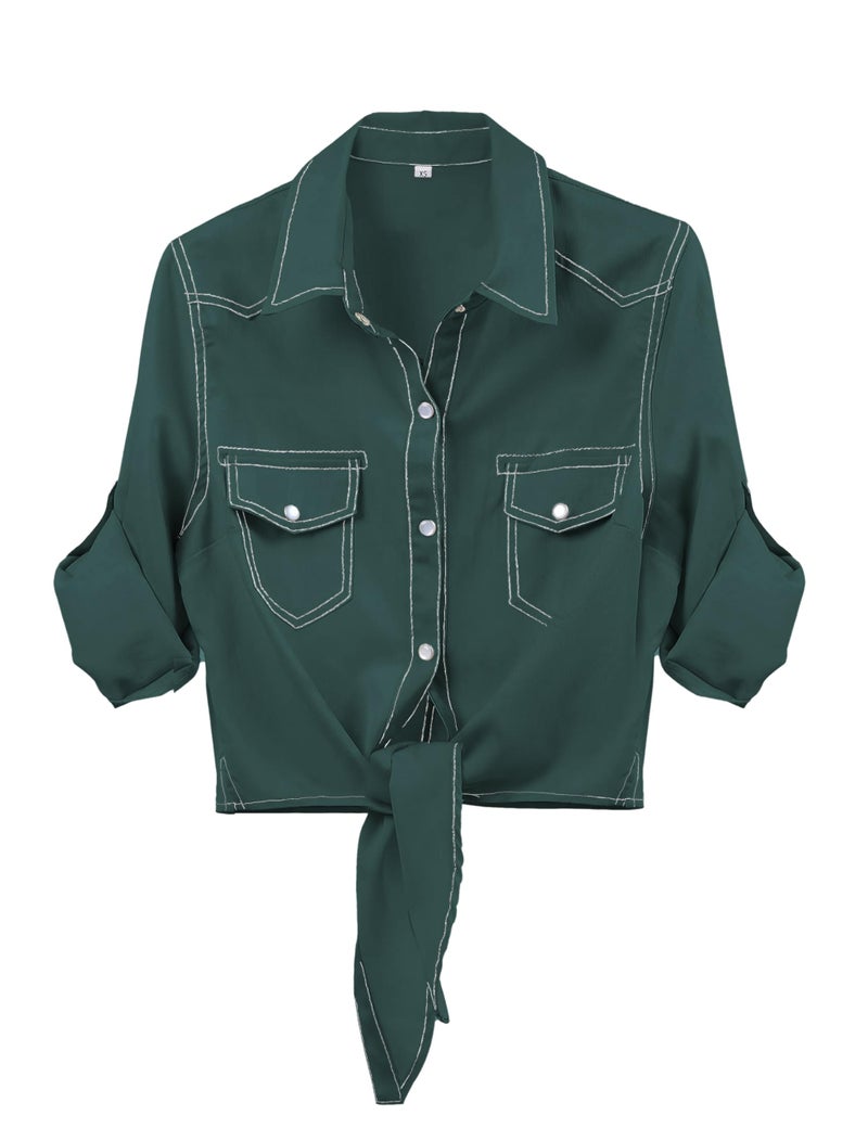 Omoone Women's 3/4 Sleeve Modern Denim Crop Top Tie Knot Shirt Cardigan(DarkGreen-XL) - Image 1