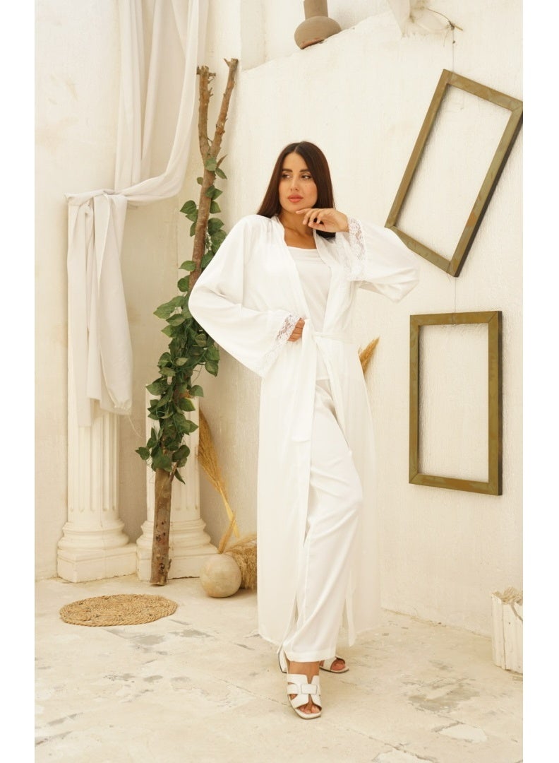 واسان روب ساتان حريري أبيض طويل - Image 4