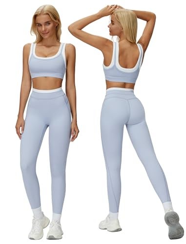 ABOCIW Workout Workout Sets Color Block Layered Sports Bra Matching Tummy Control High Wait Leggings 2 Piece Gym Sets Yoga Pilates Outfits Work Out Clothes Light Blue Medium - Image 1