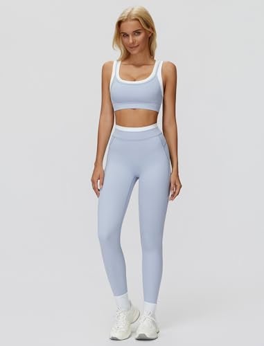 ABOCIW Workout Workout Sets Color Block Layered Sports Bra Matching Tummy Control High Wait Leggings 2 Piece Gym Sets Yoga Pilates Outfits Work Out Clothes Light Blue Medium - Image 3