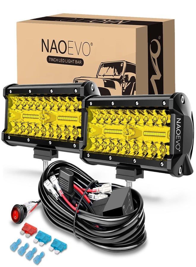 ناوايفو شريط إضاءة LED أصفر NAOEVO مقاس 7 بوصات، 240 واط 24000 لومن، مصابيح قيادة/ضباب على الطرق الوعرة، كبسولات LED مع 2 سلك، مجموعة تسخير الأسلاك، أعمال بقعة وفيضانات للشاحنات والقوارب والمركبات متعددة الأغراض والمركبات الرباعية، عبوة من قطعتين (أصفر) - Image 1