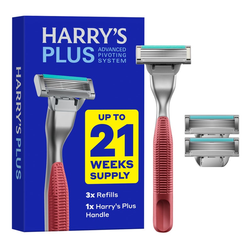 Harry's Harrys Plus Razor Shaving Kit for Men Premium Handle and 3 Razor Blade Cartridges Advanced Pivoting System Clay - Image 2