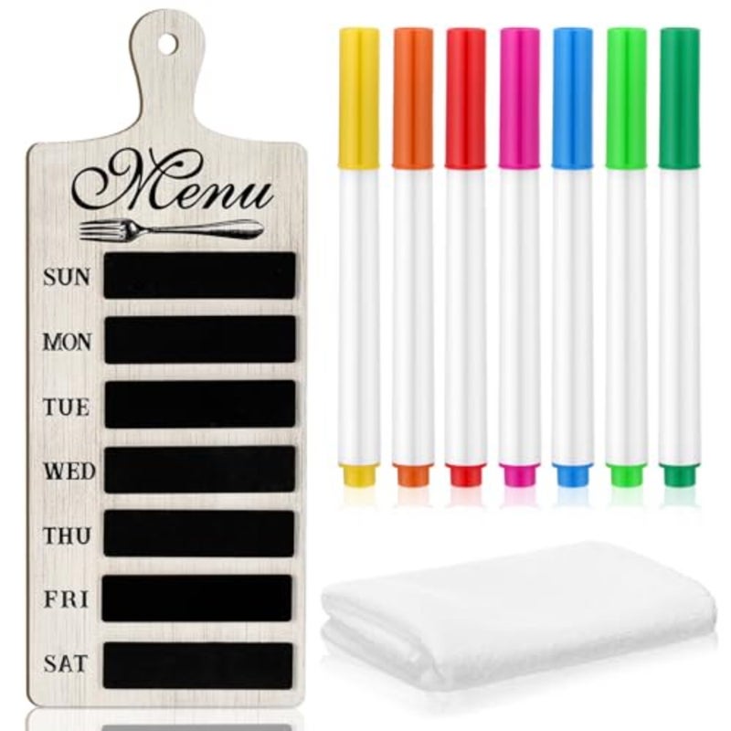 Weekly Menu Board Kitchen 16.5 x 6.3 Inches Wood Menu Planner Board with 7 Markers and Towel Kitchen Weekly Planner Plaque Wall Signs for Dinning Room Home Decor - Image 1
