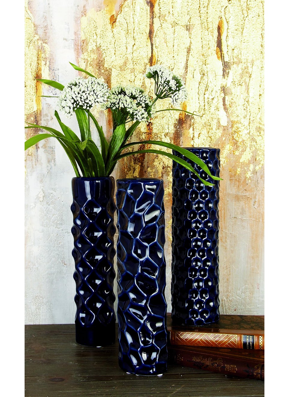 Deco 79 Deco 79 Ceramic Decorative Vase Centerpiece Vases with Varying Patterns  set of 3 Flower Vases for Home Decoration 3"" x 3"" x 12""  Dark Blue  - Image 3