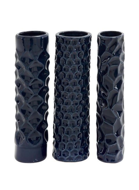 Deco 79 Ceramic Decorative Vase Centerpiece Vases with Varying Patterns  set of 3 Flower Vases for Home Decoration 3"" x 3"" x 12""  Dark Blue