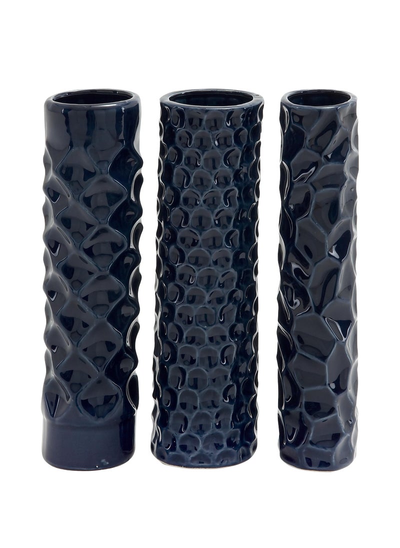 Deco 79 Deco 79 Ceramic Decorative Vase Centerpiece Vases with Varying Patterns  set of 3 Flower Vases for Home Decoration 3"" x 3"" x 12""  Dark Blue  - Image 1