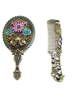 immatgar immatgar pharaonic Peafowl makeup pocket mirror with comb ancient Egyptian souvenirs gifts for women and mother from Egypt (Flower2 - Burnt Yellow - 13.5 CM Tall) 