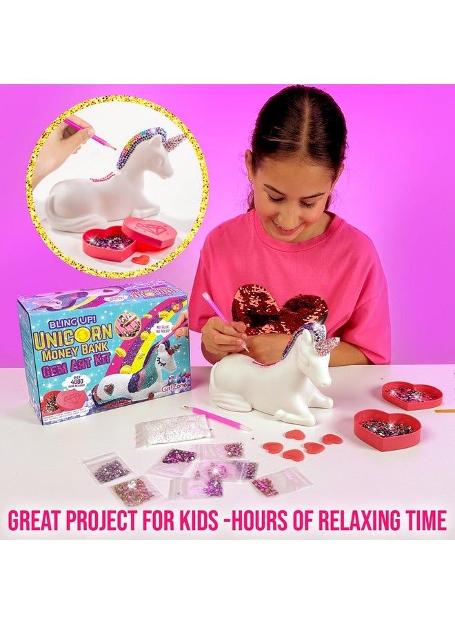 GirlZone - Bling Up Unicorn Piggy Bank Gem Art Kit, Make Diamond Art For Kids With Girls Crafts Gems & 2 Stylus For Kids Diamond Art & Unicorn Crafts For Girls, Diy Money Bank, Ideal Christmas Gift - Image 1