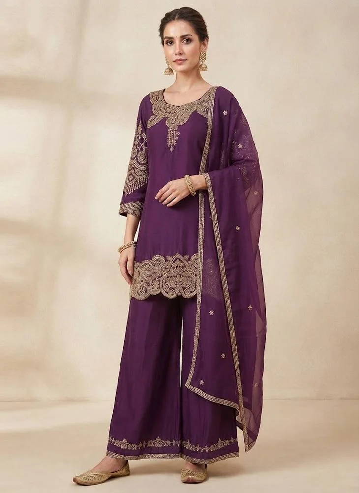 Viny VINY Purple 3-Piece Embroidered Suit Set – Women's Indian Ethnic Wear