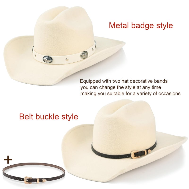Foeran 100% Wool Western Cowboy Hat for Men's Women's Classic Fedora Hat Felt Cowgirls Hats with Two Decorative Bands (US, Alpha, Large, X-Large, White-A) - Image 3