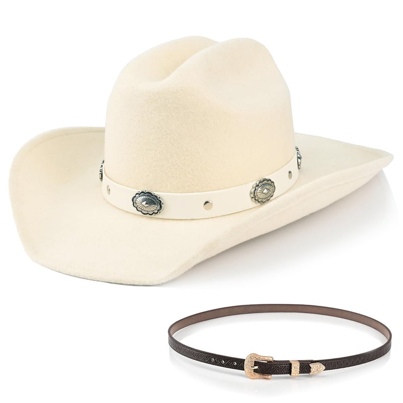 Foeran 100% Wool Western Cowboy Hat for Men's Women's Classic Fedora Hat Felt Cowgirls Hats with Two Decorative Bands (US, Alpha, Large, X-Large, White-A) - Image 1