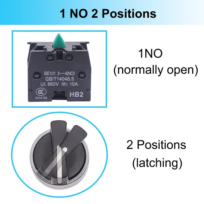 TWTADE / 2Pcs 22mm Selector Switch SPST 1 NO 2 - Positions Maintained Latching Rotary Selector Switch 440V 10A XB2-10X/21-HB2-BD21 - Image 3