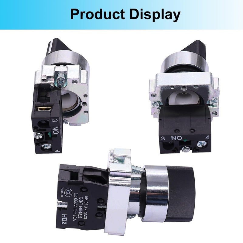 TWTADE / 2Pcs 22mm Selector Switch SPST 1 NO 2 - Positions Maintained Latching Rotary Selector Switch 440V 10A XB2-10X/21-HB2-BD21 - Image 5