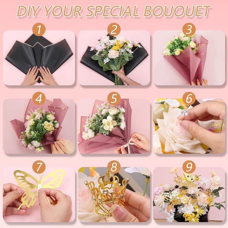 Majreey Floral Wrapping Paper Kit, 60Sheet Waterproof Floral Paper, 3Rolls Ribbon for Flower Bouquet, 2Rolls Transparent Tape,100Pcs Flower Pins, 48Pcs 3D Butterflies, 9Pcs Crowns 3 Floral Foam Blocks - Image 4