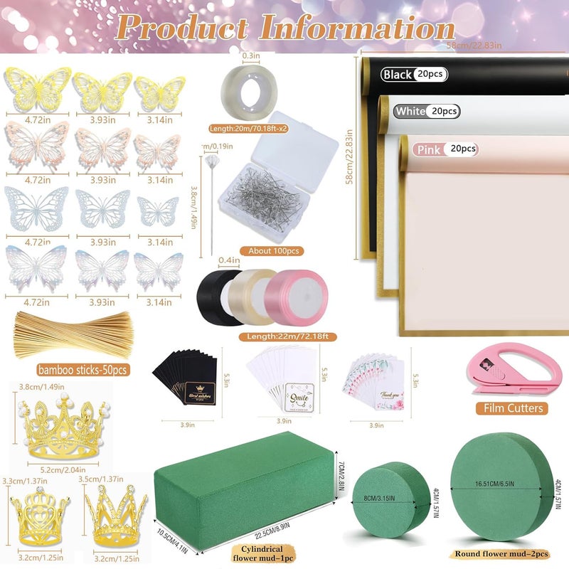 Majreey Floral Wrapping Paper Kit, 60Sheet Waterproof Floral Paper, 3Rolls Ribbon for Flower Bouquet, 2Rolls Transparent Tape,100Pcs Flower Pins, 48Pcs 3D Butterflies, 9Pcs Crowns 3 Floral Foam Blocks - Image 2