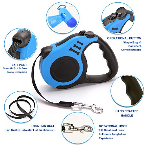 Gbivbe Retractable Dog Leash for Medium - Small Dogs and Cats 16.5FT Tangle Free, Heavy Duty Walking Leashes with Anti Slip Handle, Pause and Lock Strong Nylon Tape, Store Dog Leash Retractable(Blue) - Image 3