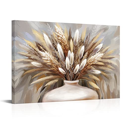 iHAPPYWALL Large Pampas Grass Wall Art Boho Botanical Modern Farmhouse Plant Dried Floral Grass in Vase Canvas Prints for Home Kitchen Bedroom Stretched and Framed Ready to Hang 24x36inch - Image 1