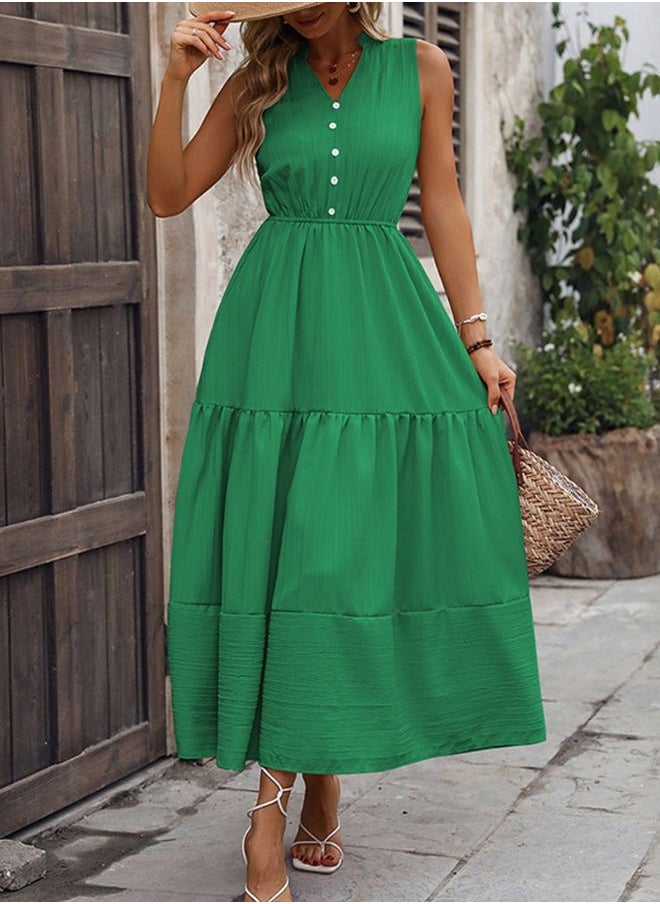 Tepveisoy Women's Casual And Fashionable Solid Color V-Neck Button Sleeveless Long Dress Long Dress  - Image 3