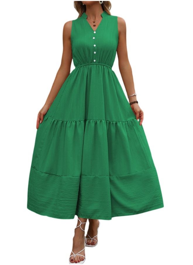 Tepveisoy Women's Casual And Fashionable Solid Color V-Neck Button Sleeveless Long Dress Long Dress  - Image 1