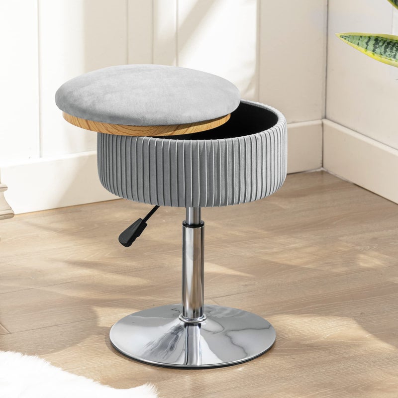 LUE BONA LUE BONA 360°Swivel Vanity Stool Chair for Makeup Room, Height Adjustable Stool for Vanity with Storage, Small Grey Velvet Vanity Stool for Bathroom, Living Room  - Image 1