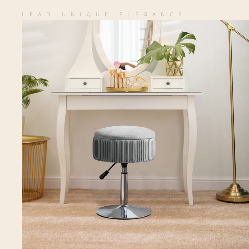 LUE BONA LUE BONA 360°Swivel Vanity Stool Chair for Makeup Room, Height Adjustable Stool for Vanity with Storage, Small Grey Velvet Vanity Stool for Bathroom, Living Room  - Image 2
