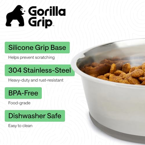 GORILLA GRIP Dog Bowls Food Grade 304 Stainless Steel Holds 8 Cups Each 64 fl oz Food and Water Bowl for Feeding Dogs and Cats Dishwasher Safe Rust Resistant BPA Free Rubber Base Set of 2 Gray - Image 3