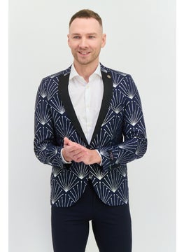 Twisted Tailor Men Regular Fit Allover Print Semi-Formal Suit Jacket, Navy  - Image 1