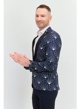 Twisted Tailor Men Regular Fit Allover Print Semi-Formal Suit Jacket, Navy  - Image 2