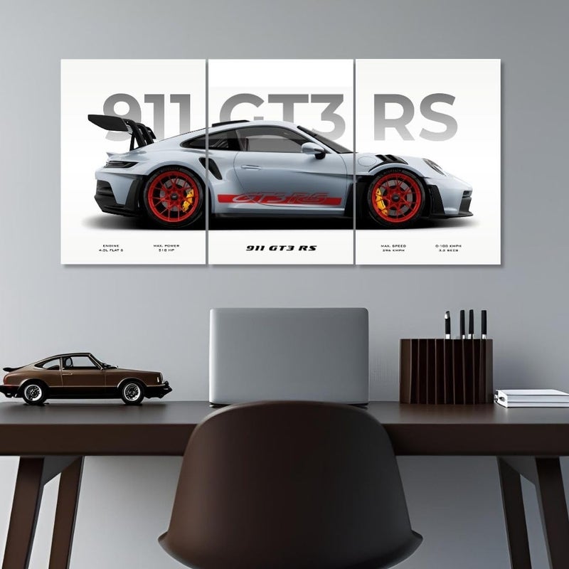 Funk You Store Porsche 911 GT3 RS Poster Split Design Car Posters | 3 A3 Sized Cars Poster for Wall | Large Size (89 x 42 cm) Porsche Wall Decor | Car Posters for Room | Supercar - Image 1