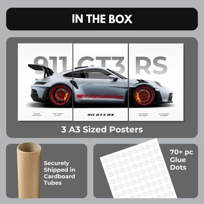 Funk You Store Porsche 911 GT3 RS Poster Split Design Car Posters | 3 A3 Sized Cars Poster for Wall | Large Size (89 x 42 cm) Porsche Wall Decor | Car Posters for Room | Supercar - Image 5