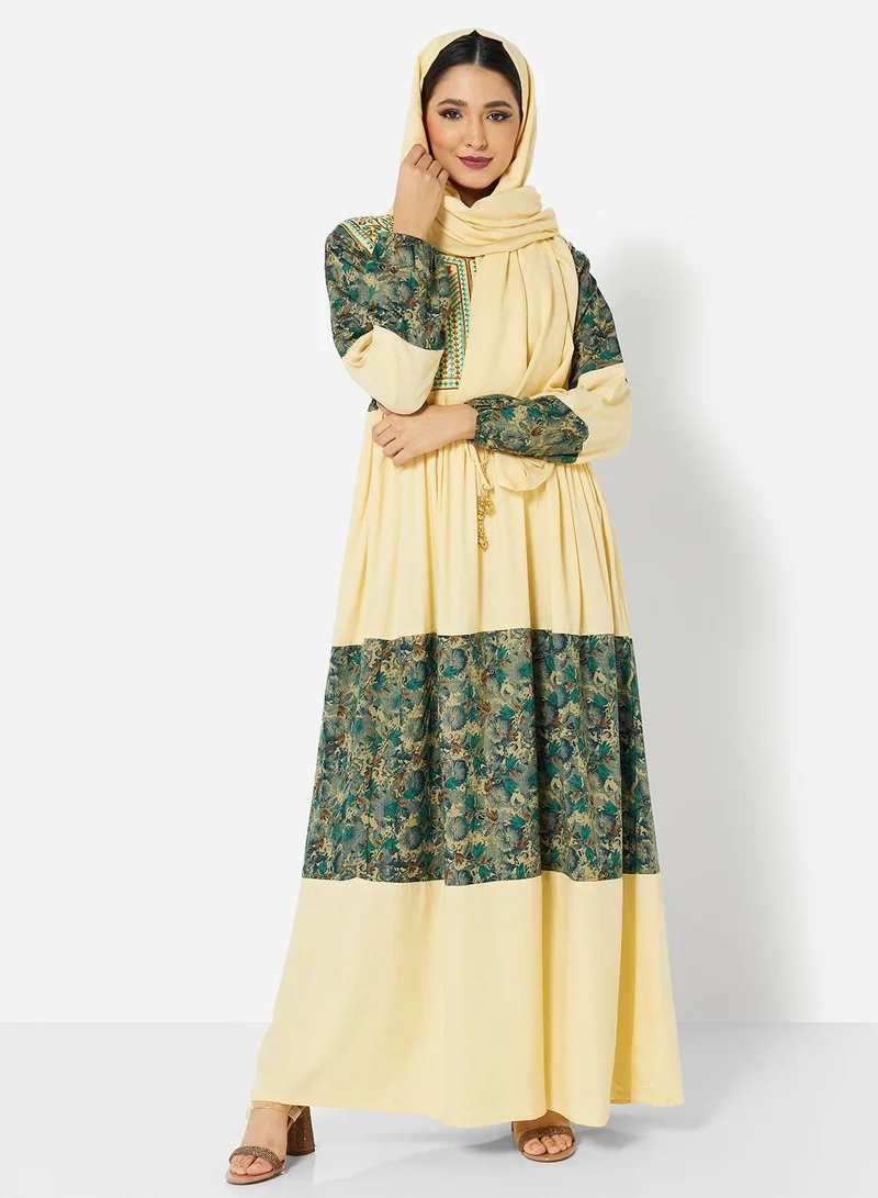 HANA & SARA COMPUTER EMBROIDERED BEIGE COMMON RAYON PRINTED JALABIYA WITH TIEKNOTS WITH SCARF