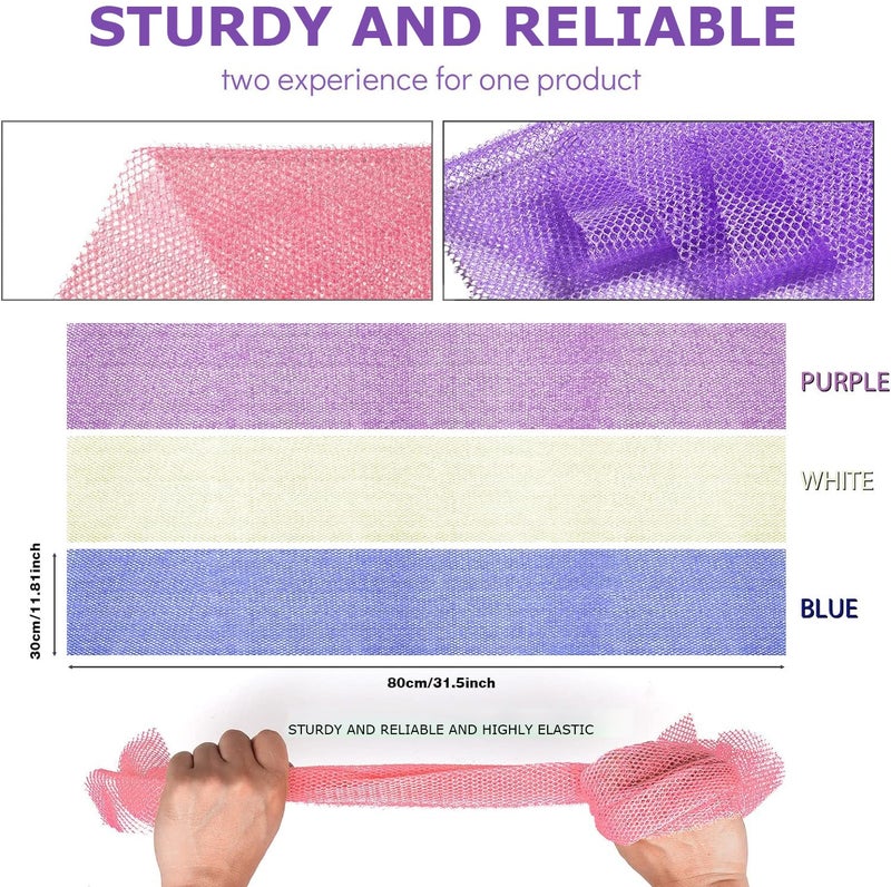 UJFQBH 3 Pieces African Bath Sponge African Net Long Net Bath Sponge Exfoliating Shower Body Scrubber Back Scrubber Skin Smoother,Great for Daily Use (Purple,Blue,Off-White) - Image 3