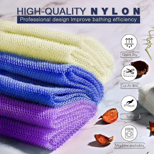 UJFQBH 3 Pieces African Bath Sponge African Net Long Net Bath Sponge Exfoliating Shower Body Scrubber Back Scrubber Skin Smoother,Great for Daily Use (Purple,Blue,Off-White) - Image 4