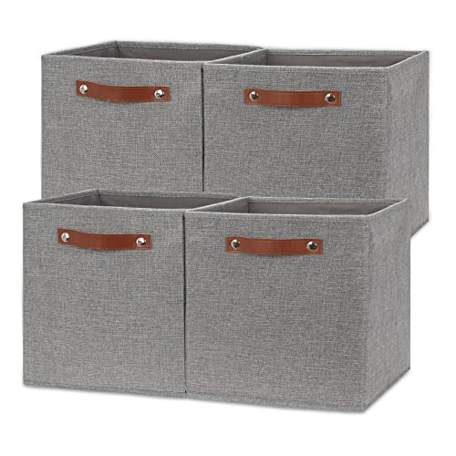 Temary 12x12 Storage Cube Bins 4 Pack Fabric Storage Cubes Storage Bins with Leather Handles, Storage Baskets Foldable Cube Organizers Bins for Home (Grey) - Image 1
