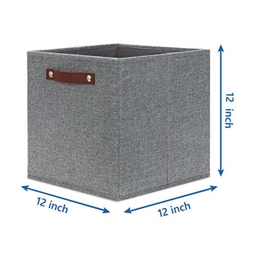 Temary 12x12 Storage Cube Bins 4 Pack Fabric Storage Cubes Storage Bins with Leather Handles, Storage Baskets Foldable Cube Organizers Bins for Home (Grey) - Image 2